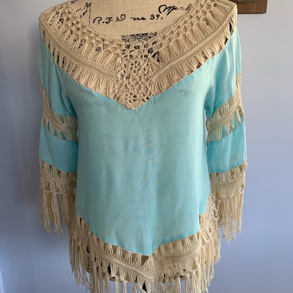 GeeGee  festival fringe blouse boho‎ blue ski